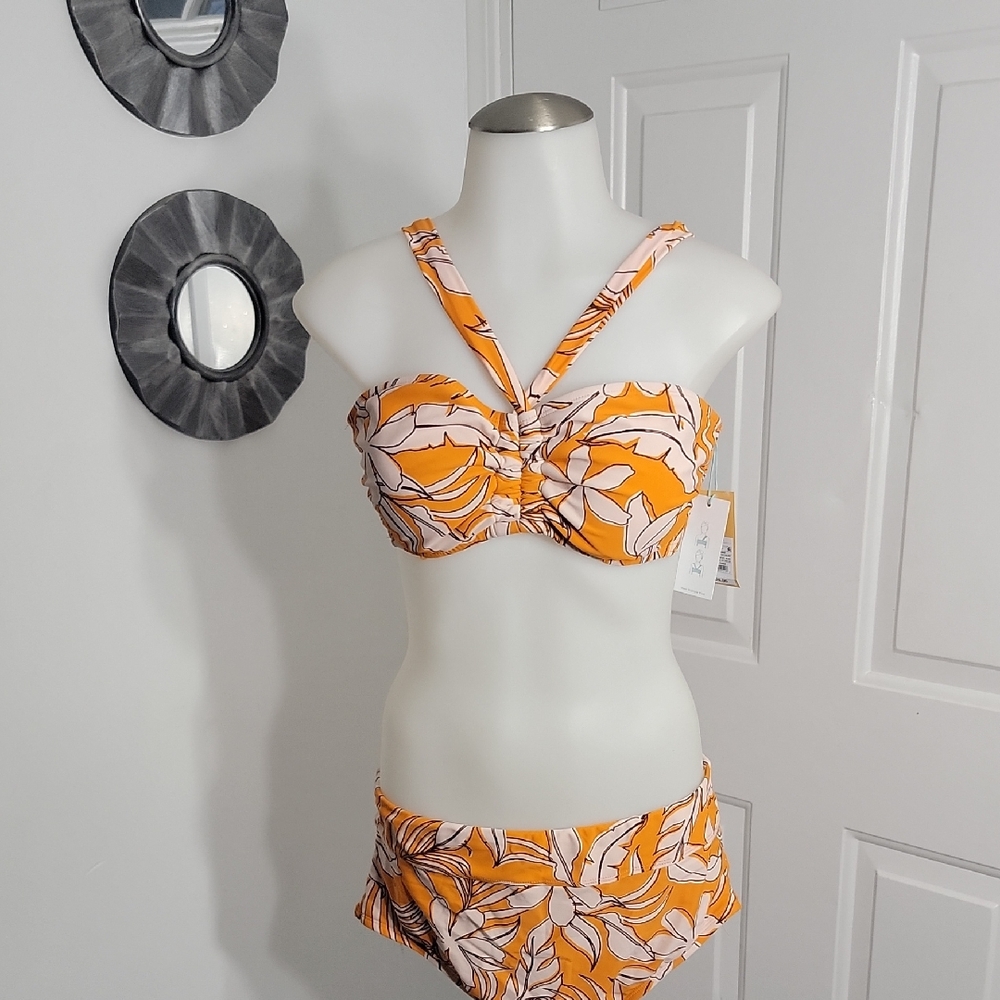 Orange Floral Bikini Set Top D/DD Bottoms Large